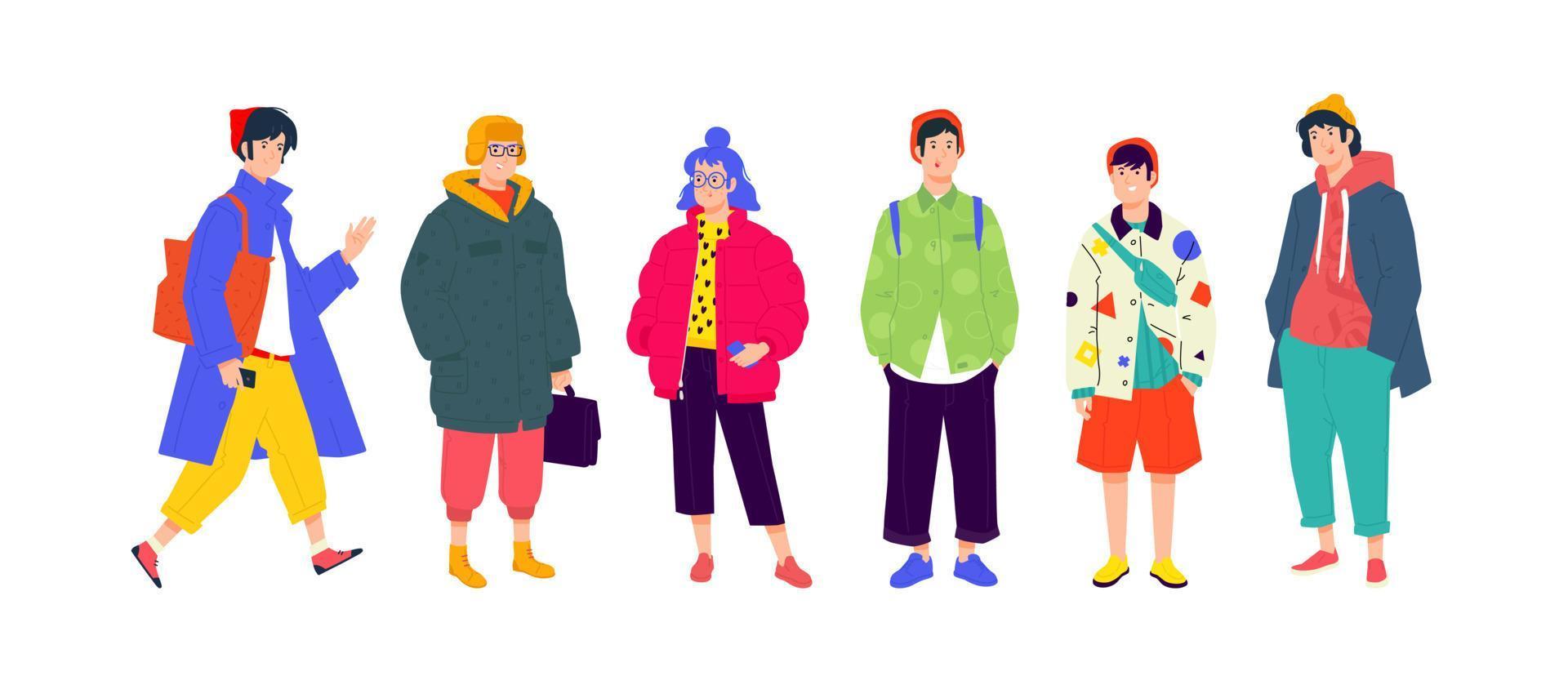 illustration av en ung fashionabla människor. vektor. flickor och pojkar i fashionabla moderna kläder. generation av melinier. människor från olika nationer och raser, shoppare och shopaholics. vektor