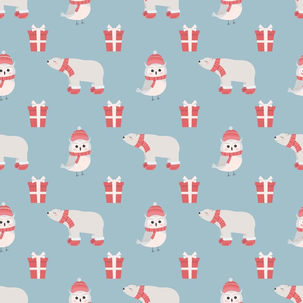 jul sömlösa mönster med söt isbjörn, polar uggla och presenter. illustrationen är perfekt för babytextilier och omslagspapper. vektor