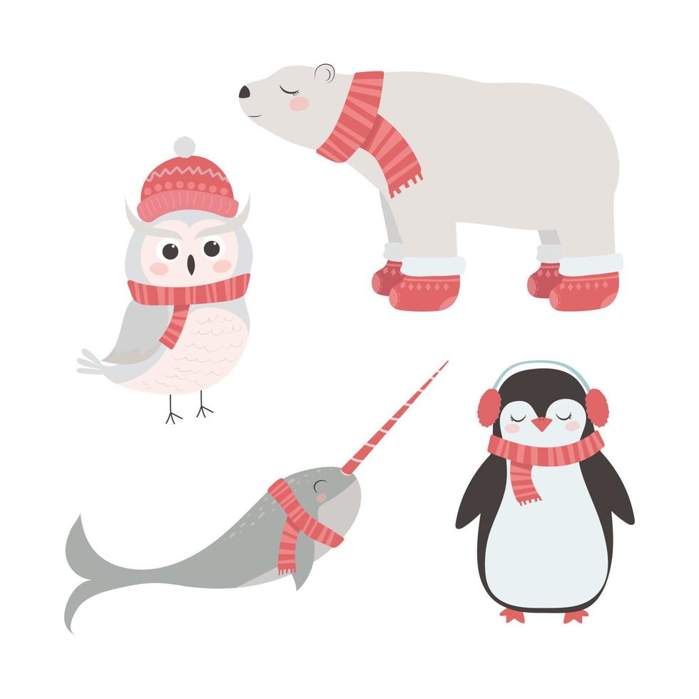 uppsättning söta djur i vinterhattar och halsdukar, pingvin, snöuggla, isbjörn, narval. jul och nyår koncept. vektor