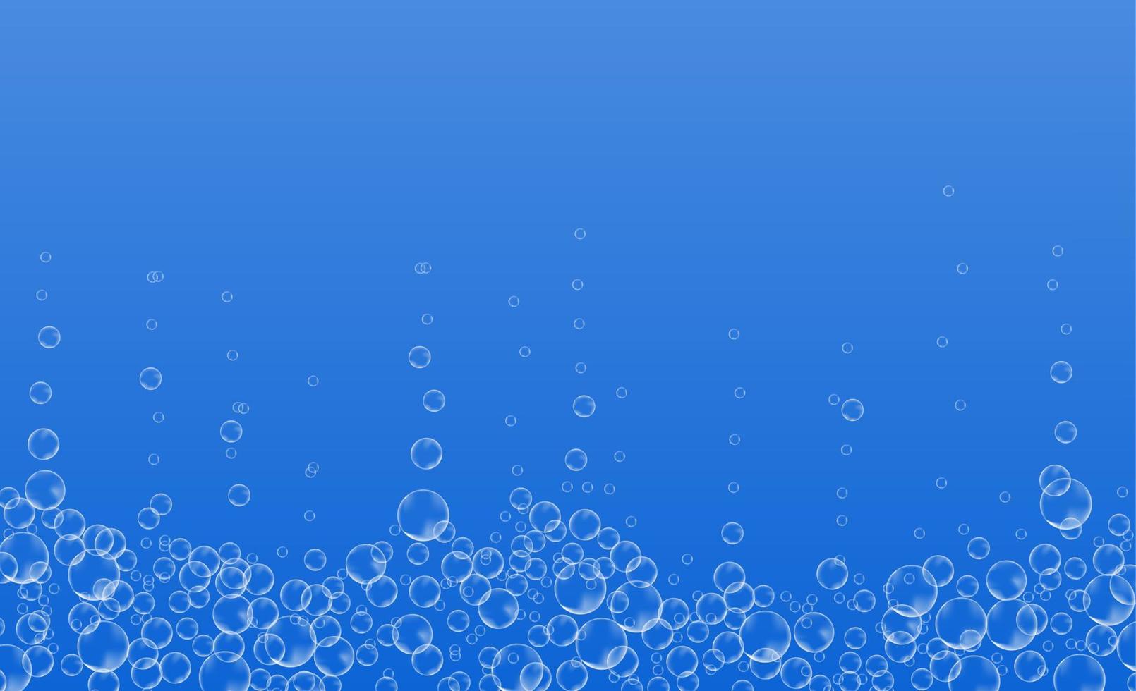 Unterwasserblasen aus sprudelndem Soda. Luftströme. realistischer Sauerstoffknall in Brausegetränk. Vektor funkelt auf blauem Hintergrund.