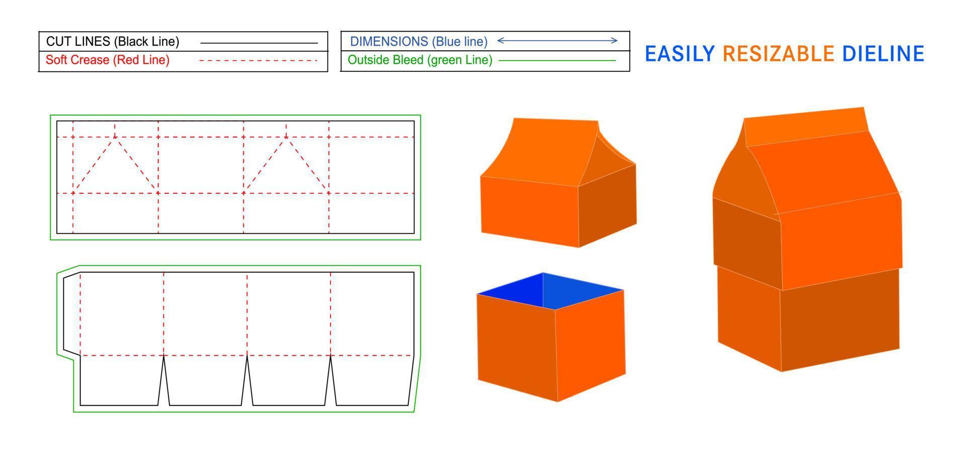 brithday-geschenkbox, geschenkbox-dieline-vorlage im kundenspezifischen hausstil und 3d-rendering, in der größe anpassbare und bearbeitbare vektordatei vektor