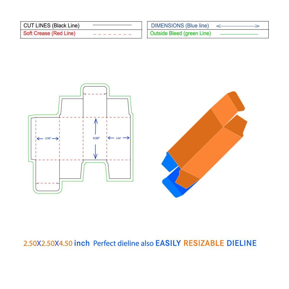 anpassad rte reverse tuck end vikbar box 2,50x2,50x4,50 tum box dieline mall och 3d vektorfil vektor