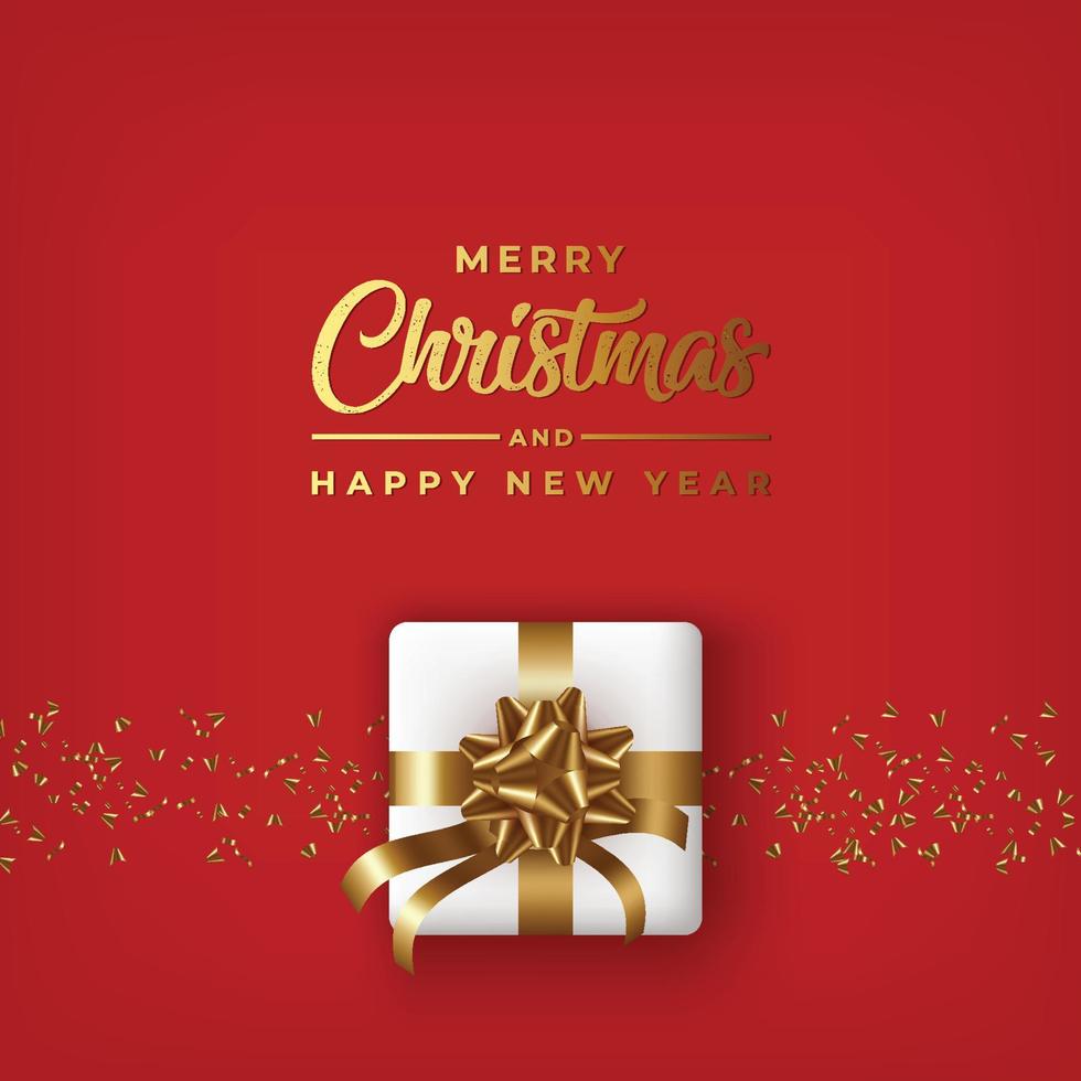 god jul och gott nytt år med realistisk vit presentförpackning på röd bakgrund vektor