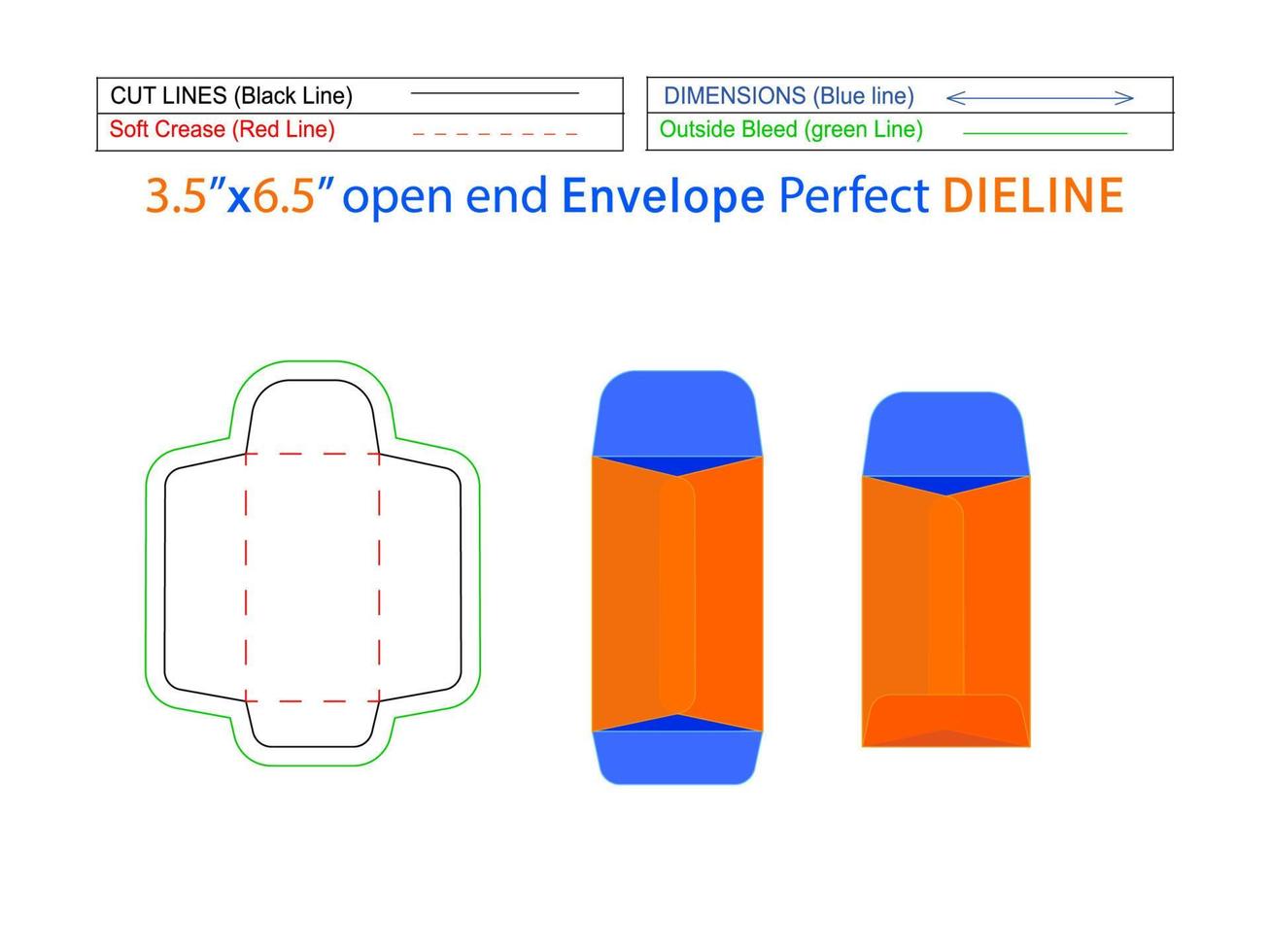 katalogkuvert eller öppet kuvert 3,5x6,5 tums förpackningsmall och 3d-kuvert redigerbar lätt storleksanpassad vektor