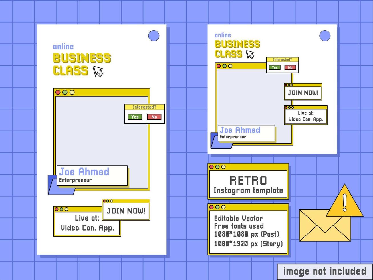 webbseminarium affärsklass sociala medier mall retro datorstil vektor