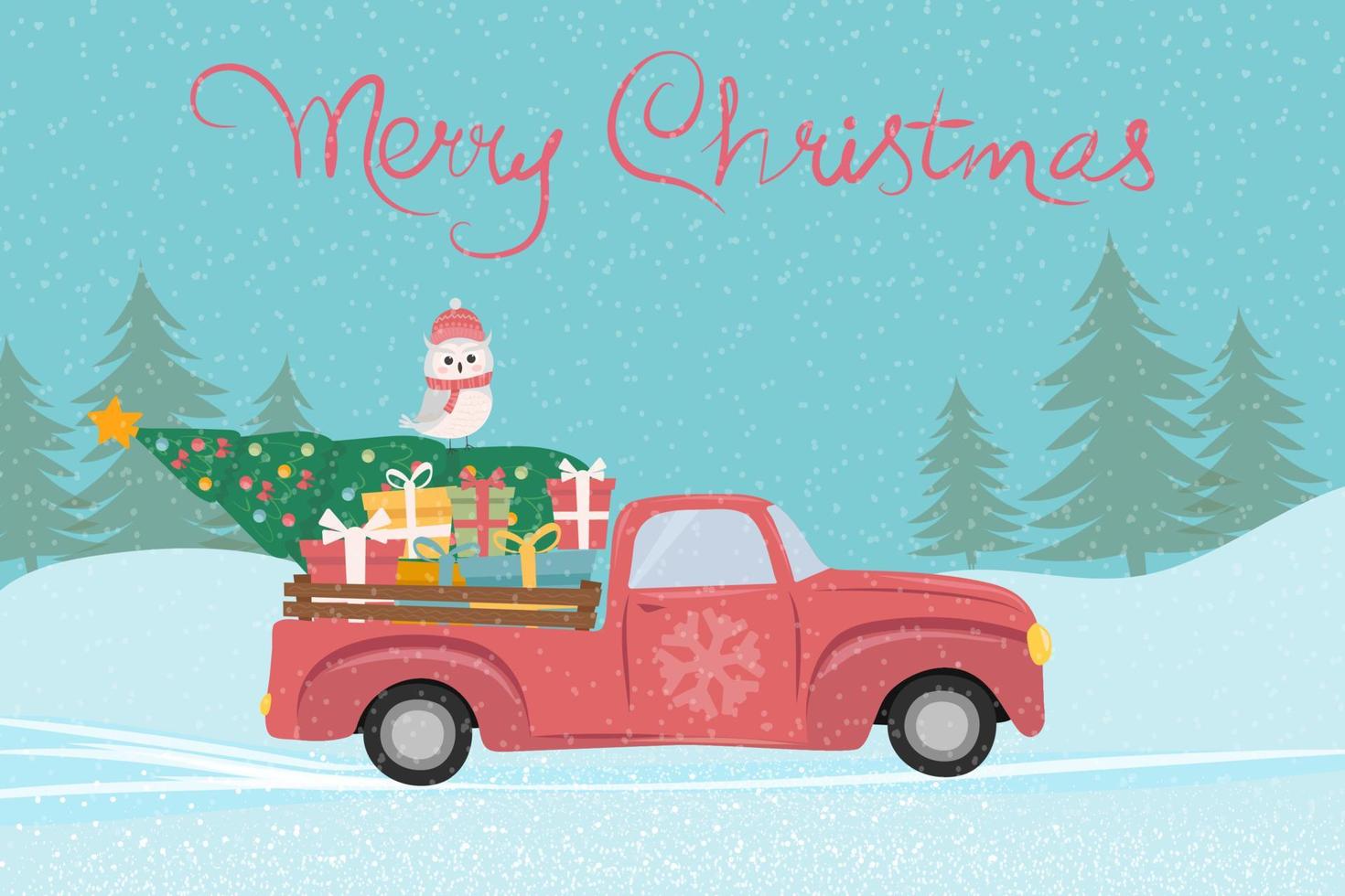 Weihnachts-LKW. vektorillustration eines weihnachtsroten lastwagens mit einem weihnachtsbaum und geschenken vektor
