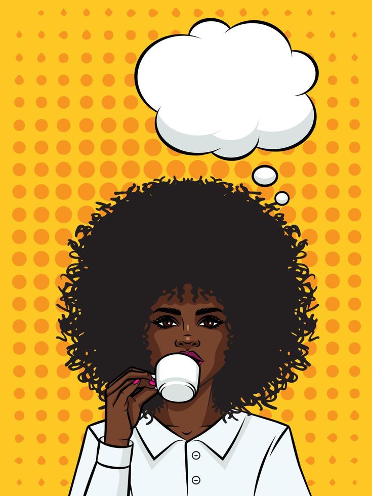 vacker affärskvinna med mörk hud dricker en kaffe. afro amerikansk typ flicka med kopp kaffe på bakgrund av popkonst stil. flickor ansikte med pratbubbla och kopp te i handen. vektor