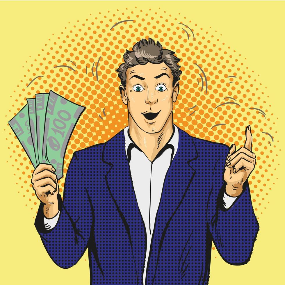 reicher gutaussehender kerl hält geld und zeigt mit dem finger nach oben. Geschäfts- und Finanzkonzept-Vektorillustration im Retro-Comic-Pop-Art-Stil. vektor