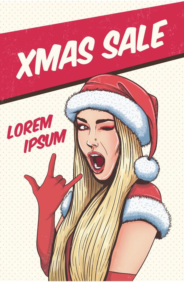 pop art weihnachten sexy frau in weihnachtsmannmütze mit offenem mund. Vektor-Weihnachtshintergrund im Retro-Comic-Stil der Pop-Art. vektor