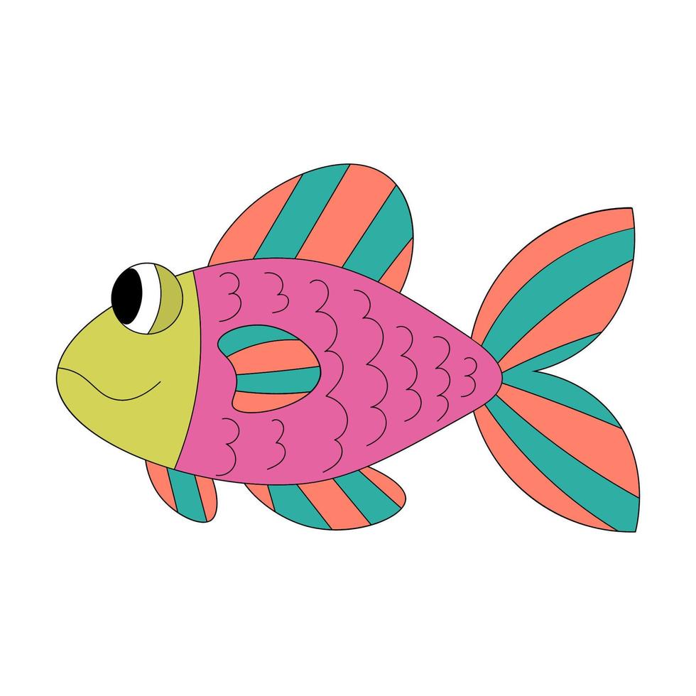 bunter Cartoon niedlicher zufriedener Fisch isoliert auf weißem Hintergrund. vektor