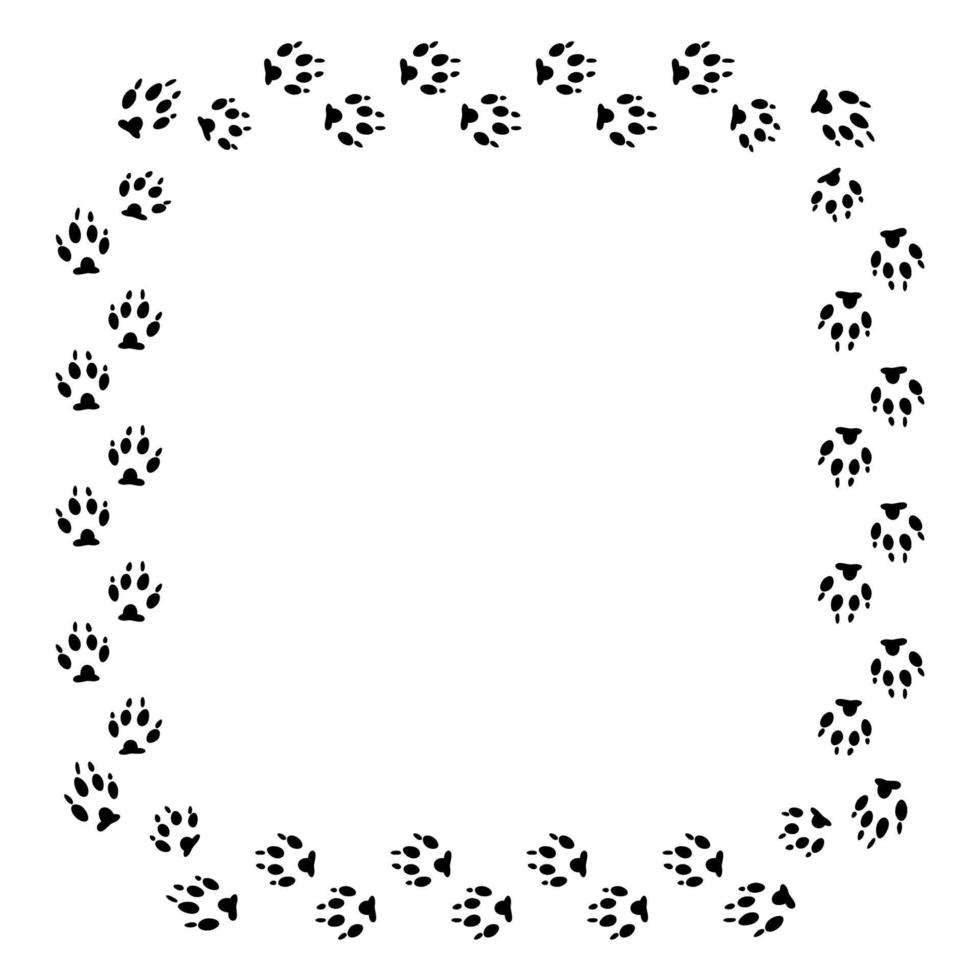 quadratischer Rahmen mit schwarzer Hundespur isoliert auf weißem Hintergrund. Tier-Fußabdruck-Silhouette. Grenze mit Pfotenabdruck. vektor