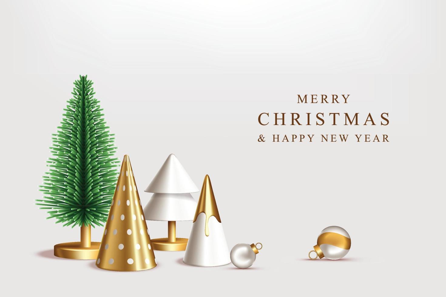 elegantes frohes weihnachtsdesign mit realistischem weihnachtsbaum, dekorativen kugeln, dekorativen kegeln vektor