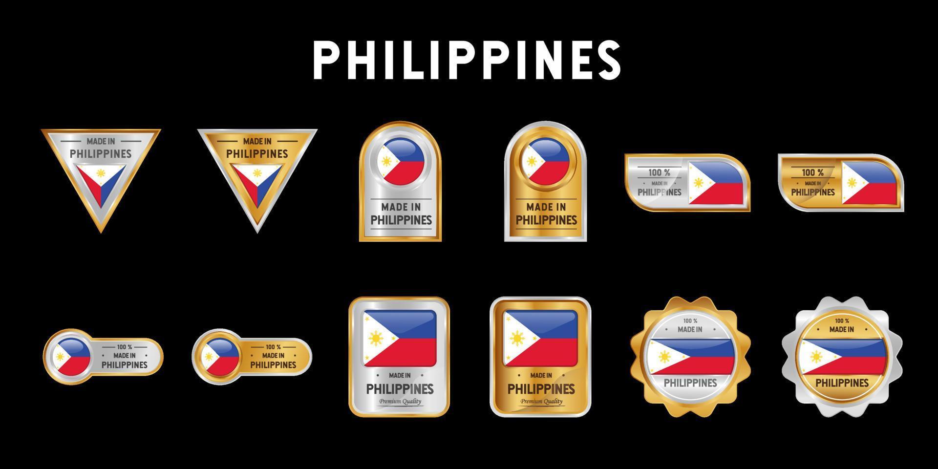 tillverkad i filippinska etikett, stämpel, märke eller logotyp. med filippinernas nationella flagga. på platina, guld och silverfärger. premium- och lyxemblem vektor