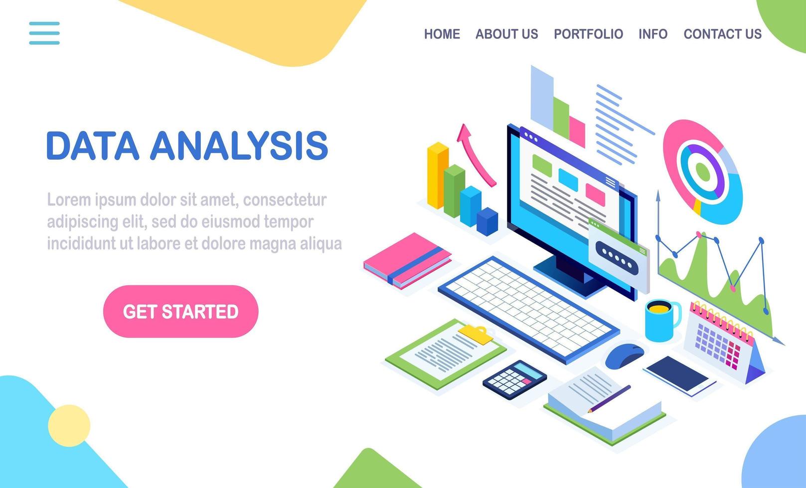 Datenanalyse. digitale Finanzberichterstattung, SEO, Marketing. Unternehmensführung, Entwicklung. Isometrischer Laptop 3d, Computer, PC mit Diagramm, Diagramm, Statistik. Vektordesign für Website vektor