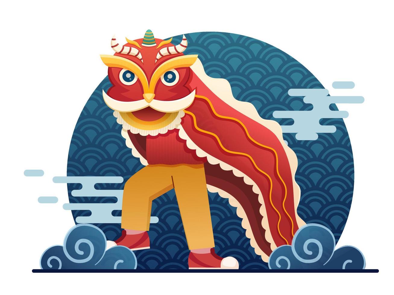 menschen, die traditionellen chinesischen löwentanz aufführen, um das chinesische neujahr zu feiern. Mondneujahr 2022 Jahr des Tigers. kann für Grußkarten, Einladungen, Banner, Poster, Postkarten, Web, Druck verwendet werden. vektor