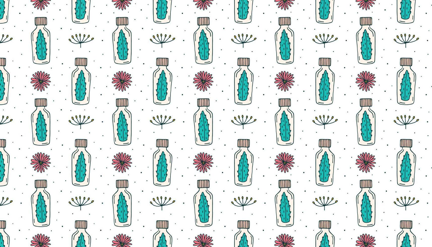 Bio-Kosmetik-Vektor-Doodle handgezeichnete Linie Kunstmuster, Textur, Hintergrund, Banner. Flasche mit ätherischen Ölen mit Blume, Kraut. vegane Kosmetik, umweltfreundlich. Behandlung mit natürlichen Inhaltsstoffen. vektor