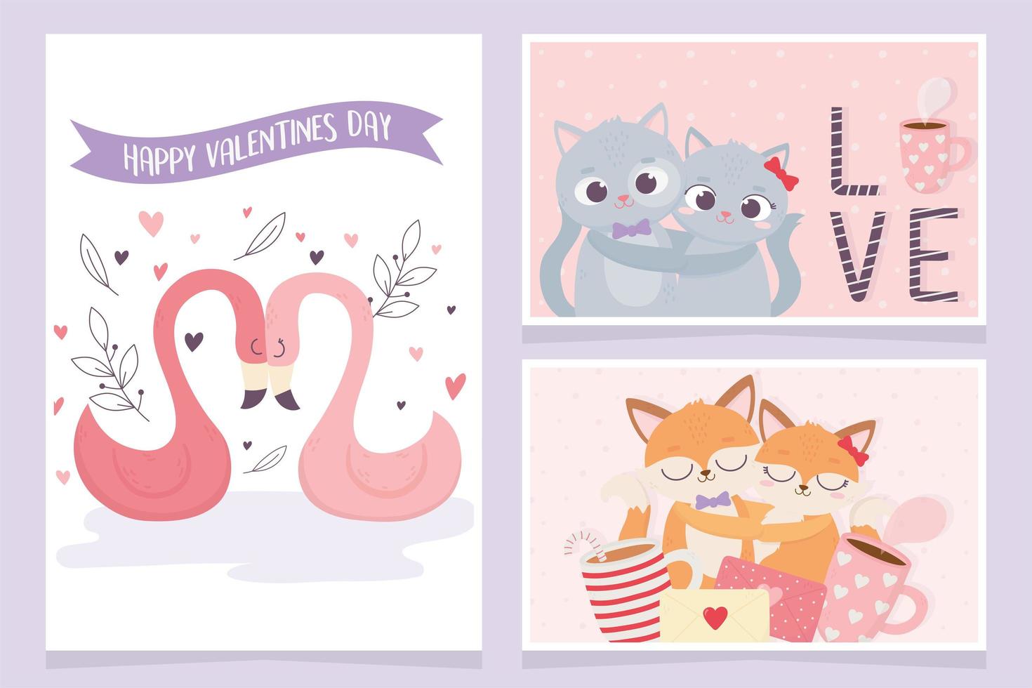 Happy Valentines Day süßes Paar Flamingo Katzen Füchse Romantikkarten vektor