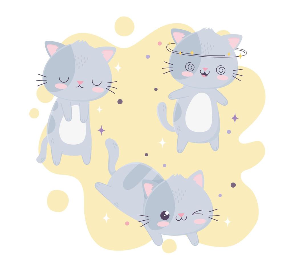 kawaii tecknade söta grå katter uttryck set vektor