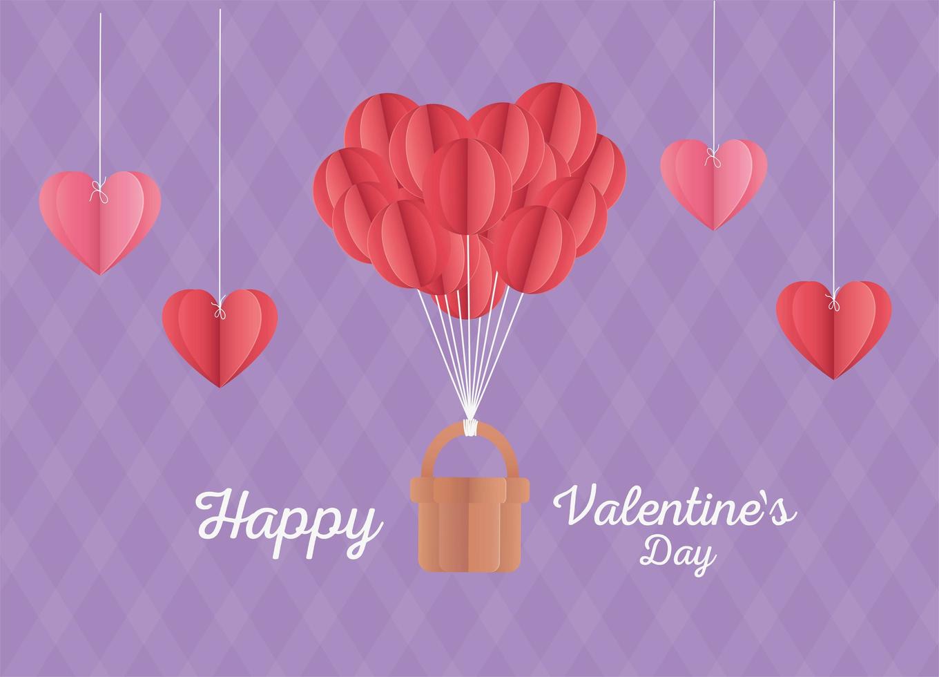 glad alla hjärtans dag origami hjärtan ballonger korg lila bakgrund vektor