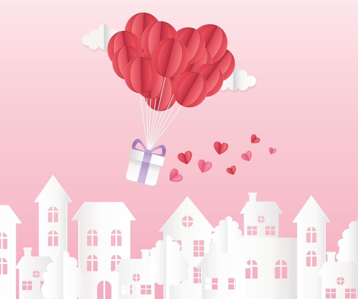 fröhlicher valentinstag origami papierballons mit geschenkherzen stadtbild vektor