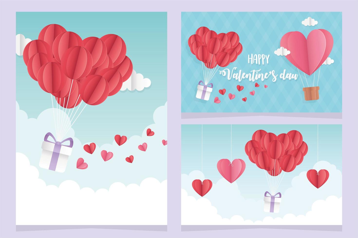 glad alla hjärtans dag origami kort ballonger luft present moln vektor