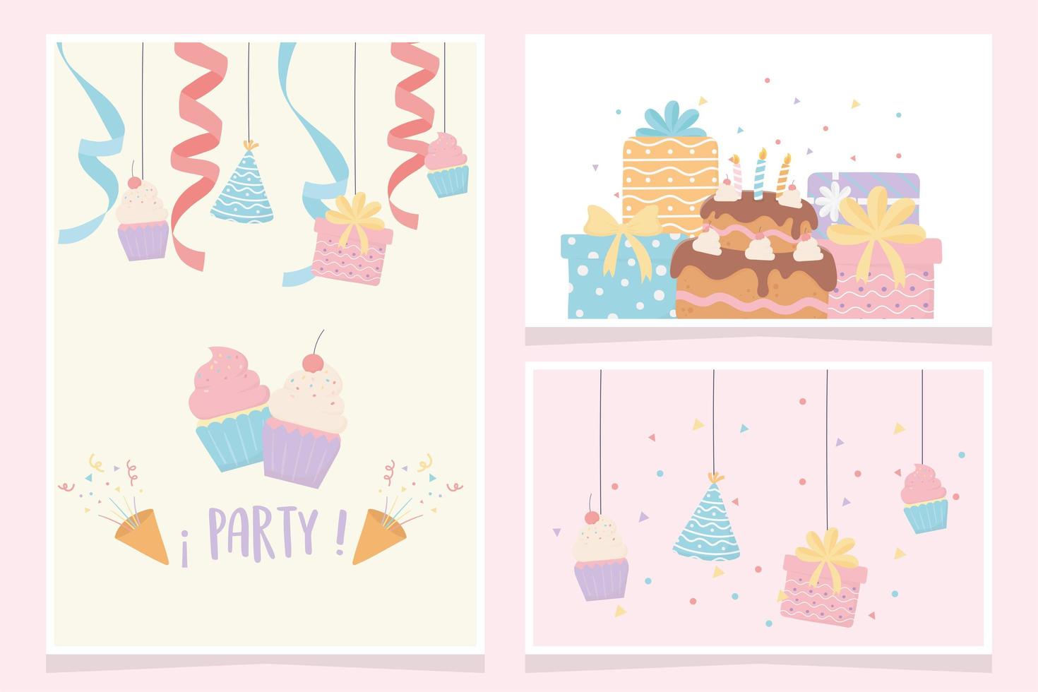 geburtstag festliche feier kuchen cupcakes geschenke party dekoration karten vektor