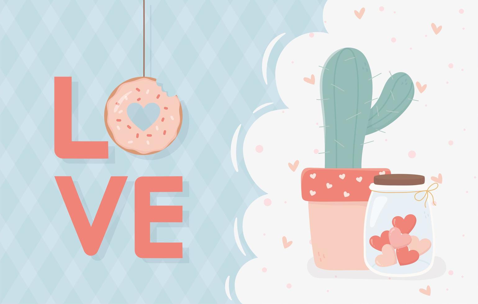 Happy Valentinstag Schriftzug Liebe Donut Kaktusglas mit Herzen vektor