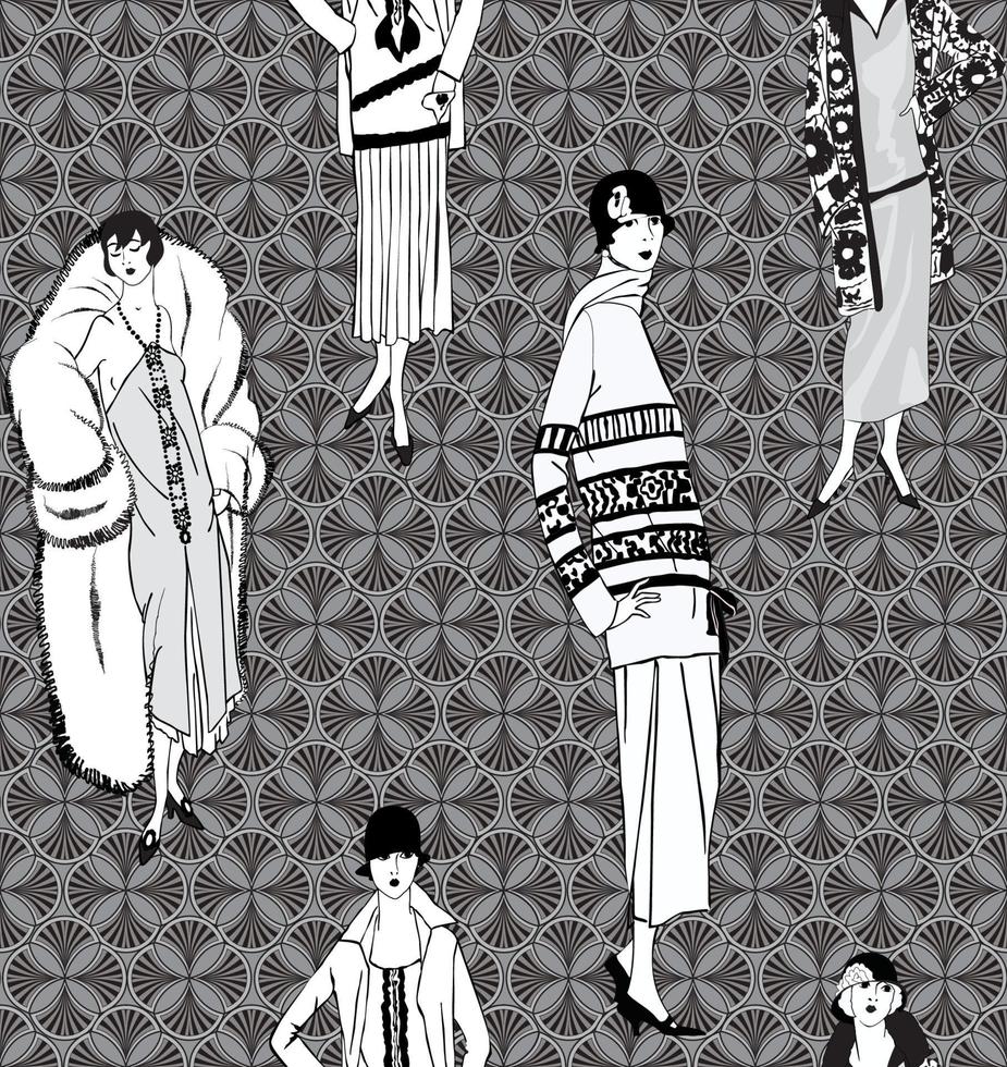 Mode Kleid Mädchen 1920er Jahre 1930er Jahre nahtlose Muster Retro-weiblichen Stil 20er Jahre vektor