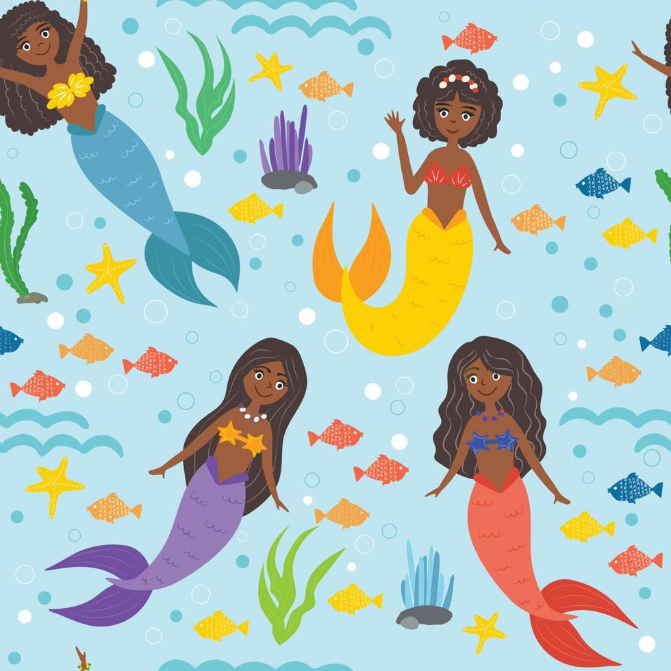 söta svarta sjöjungfrur. långt hår, afroamerikanska tjejer. hav, vågor, sjöstjärnor, fiskar, alger, bubblor. havsmönster för barn. seamless mönster, vektor illustration.