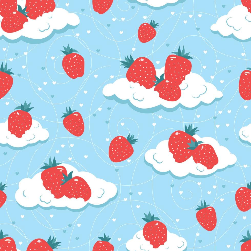 seamless mönster av färska jordgubbar på molnen. vektor