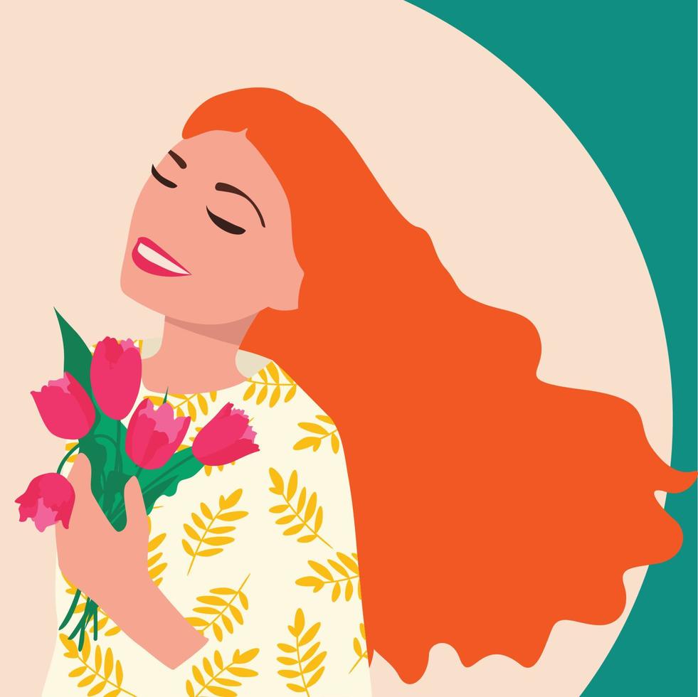 flicka med blommor, vektorillustration. söt platt tecknad mall för kort och affischer. internationella kvinnodagen. vektor