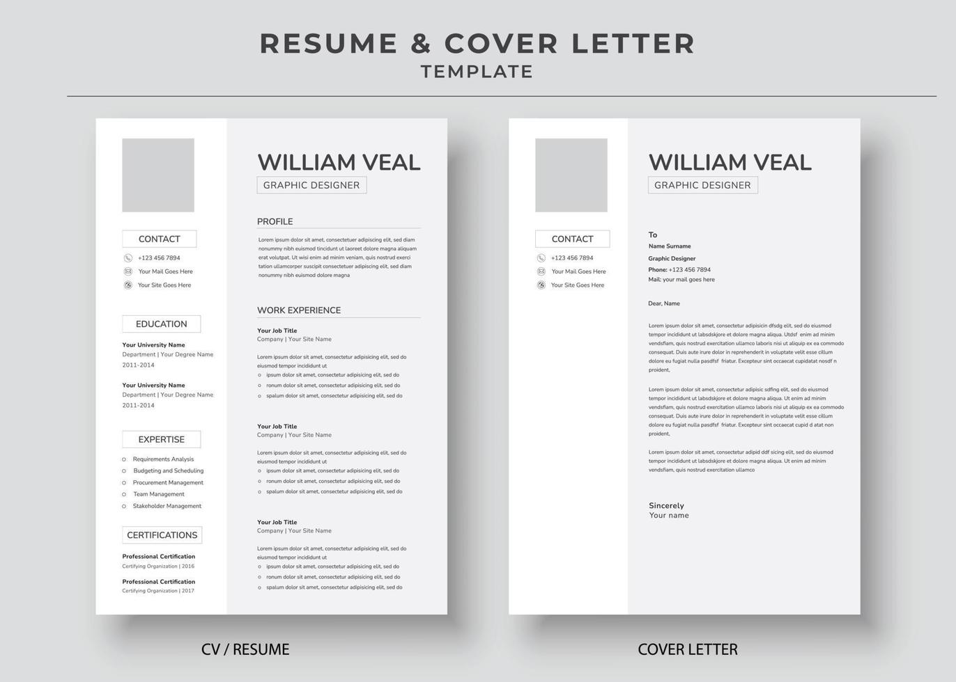 CV- och följebrevsmall, minimalistisk CV-mall, CV för professionella jobb CV vektor