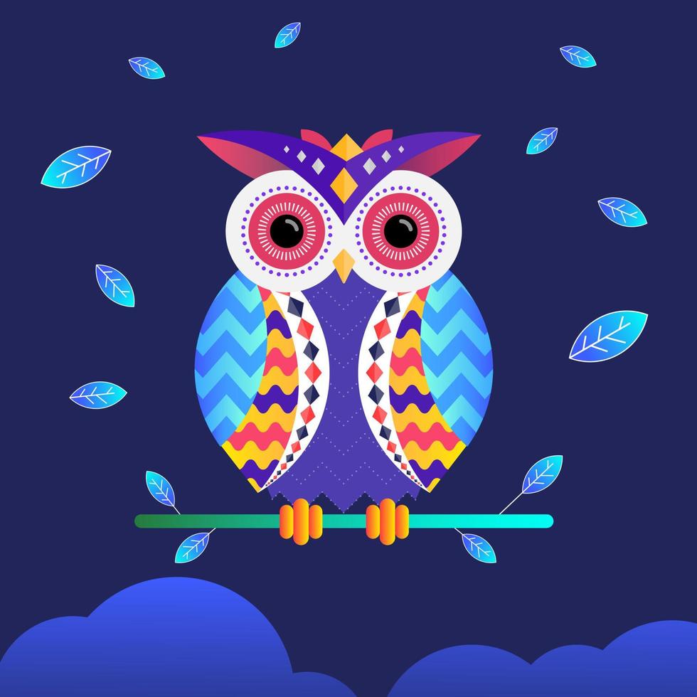 vacker uggla på gren med himmel background.owl färgglada stiliserade vektorillustration vektor