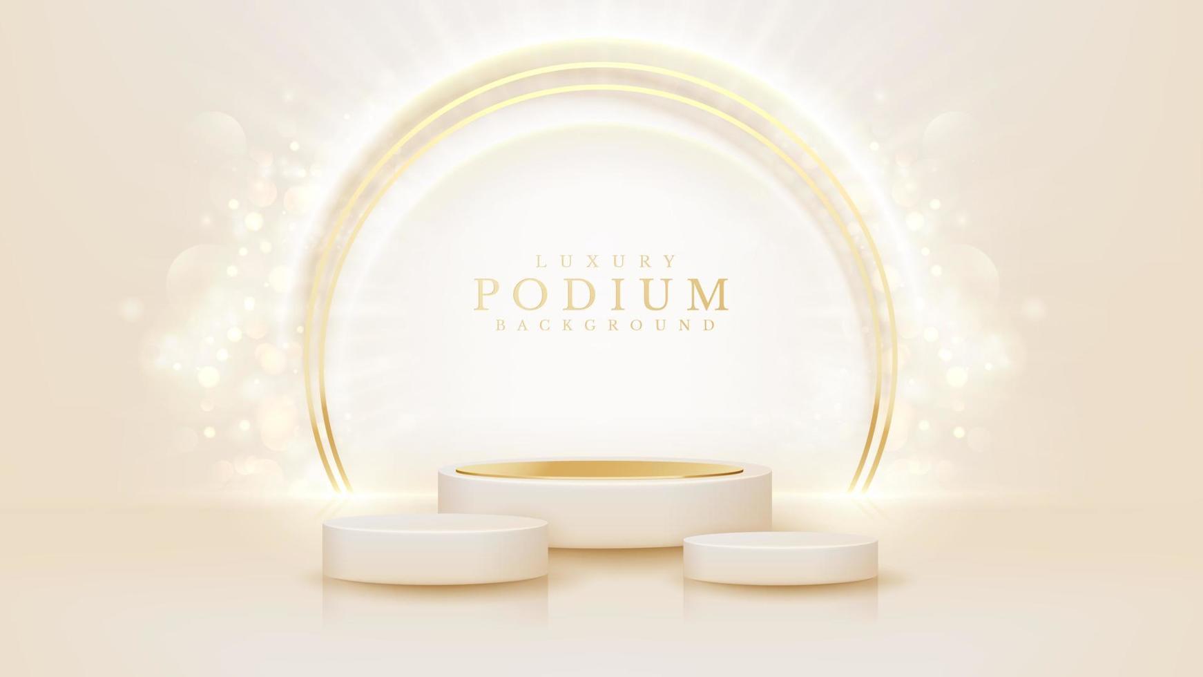 cremefarbenes podium für die produktpräsentation mit goldener kreislinie und glitzernden lichteffekten und bokeh-dekoration. vektor