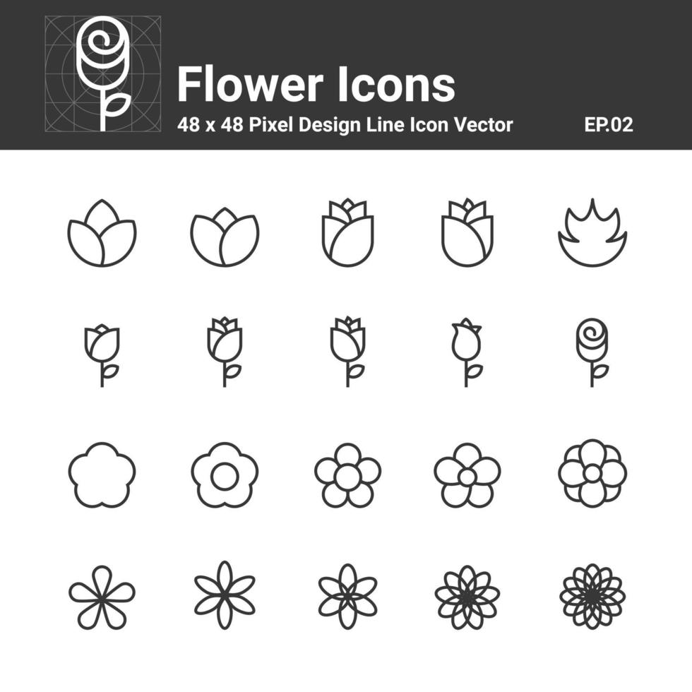 Blumensymbole, Symbol, perfektes Design, einfacher Satz für die Verwendung in Website-Infografiken, Logo-Bericht, Liniensymbol-Vektorillustration vektor