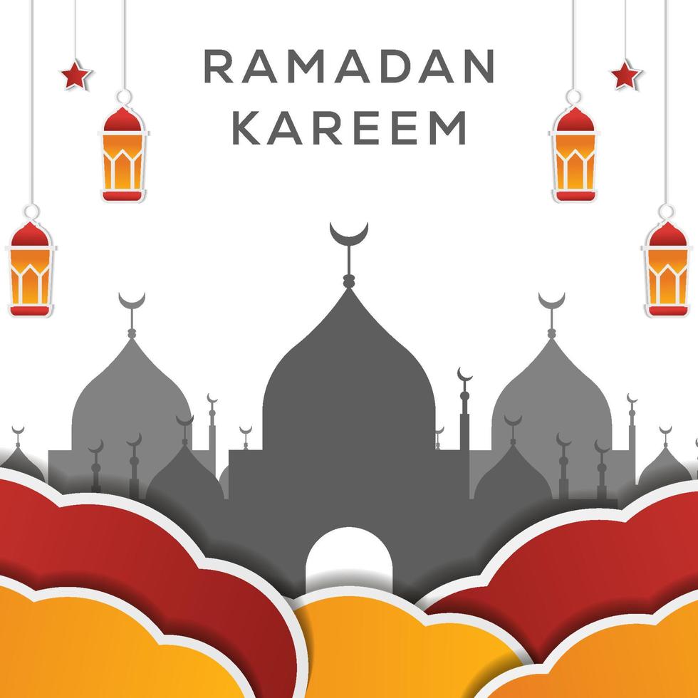 ramadan kareem design i pappersklippt konststil med moln, stjärnor och lyktor vektor