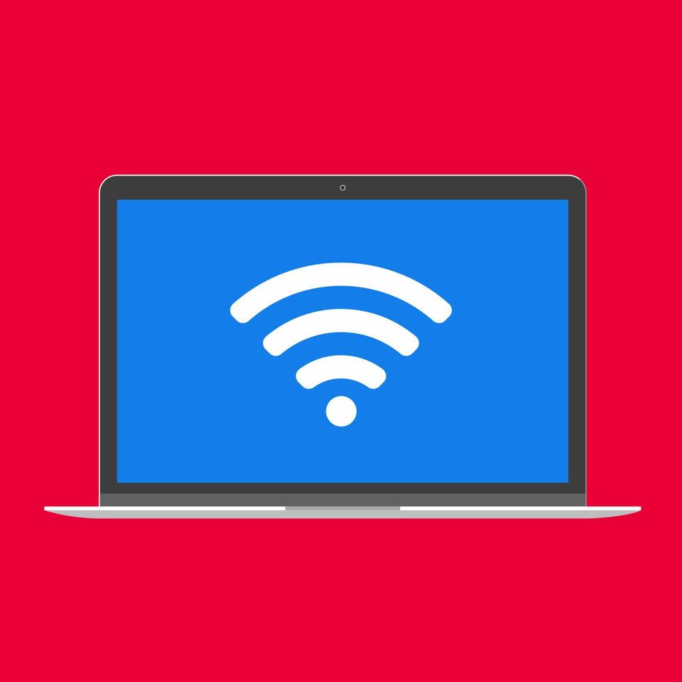modern enhet - bärbar dator, dator eller netbook pc platt design med wifi-symbol på skärmen ikon vektorillustration. ingen tangentbordsteknik koncept av gratis trådlös wi-fi hemma isolerad röd bakgrund vektor