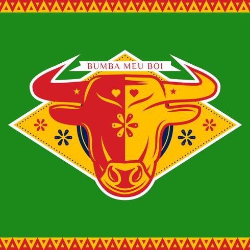 Röd gul Bumba Meu Boi Bull märke på grön bakgrund vektor