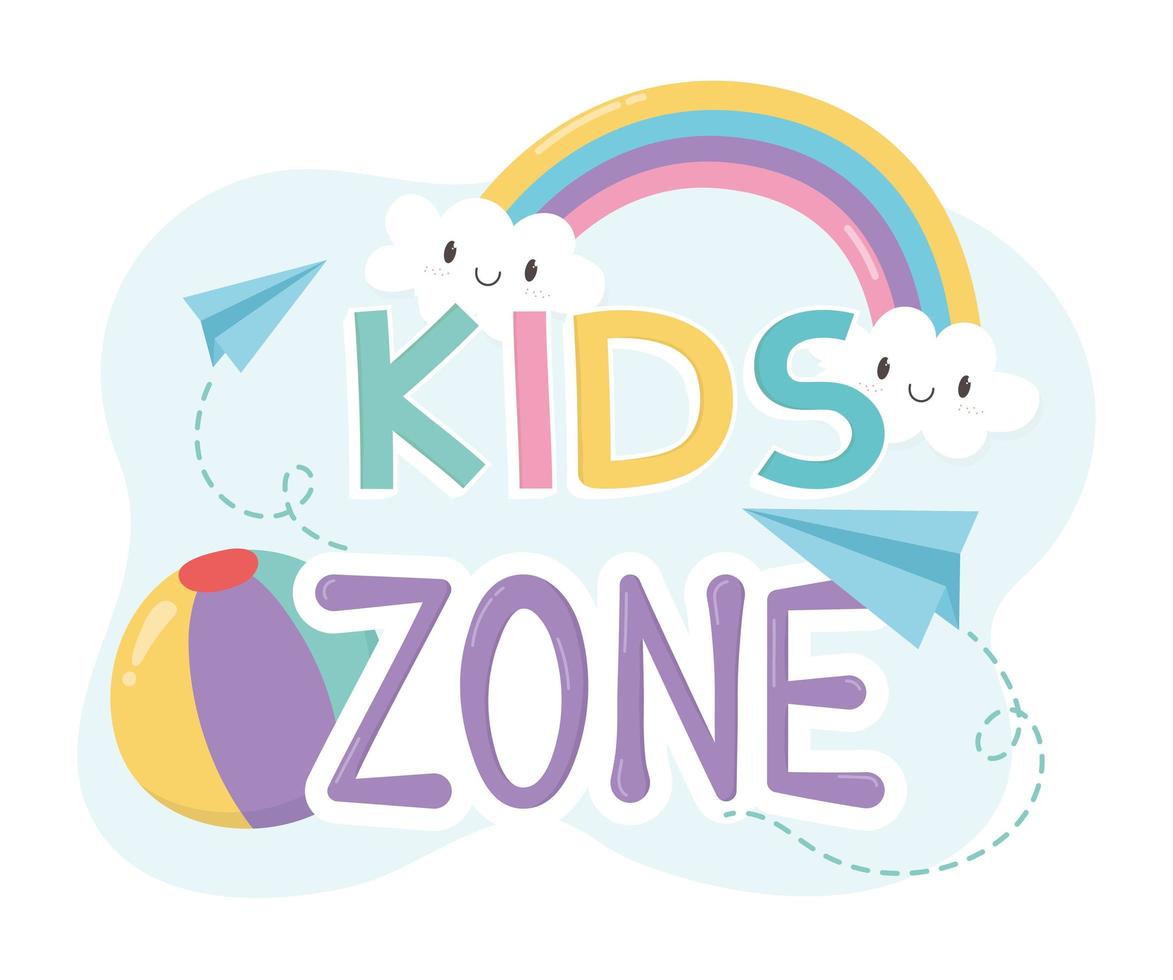 Kids Zone, Gummiball-Papierflieger und Regenbogen-Cartoon vektor