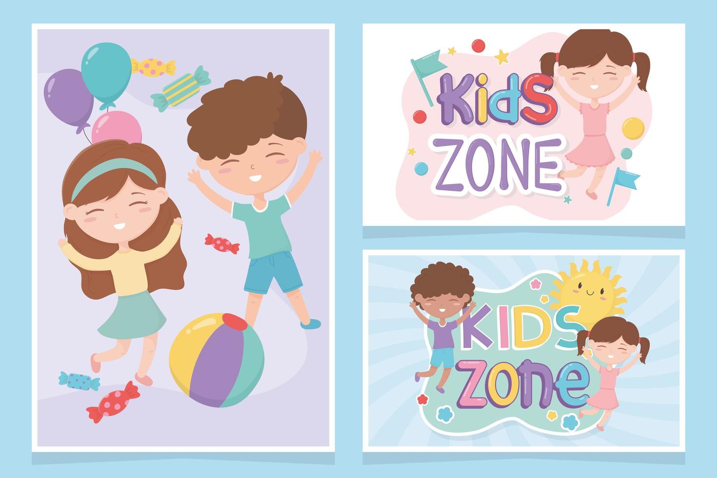 Kinderzone, lustige kleine Jungen und Mädchen Süßigkeiten Ball Sonne Cartoon Banner vektor