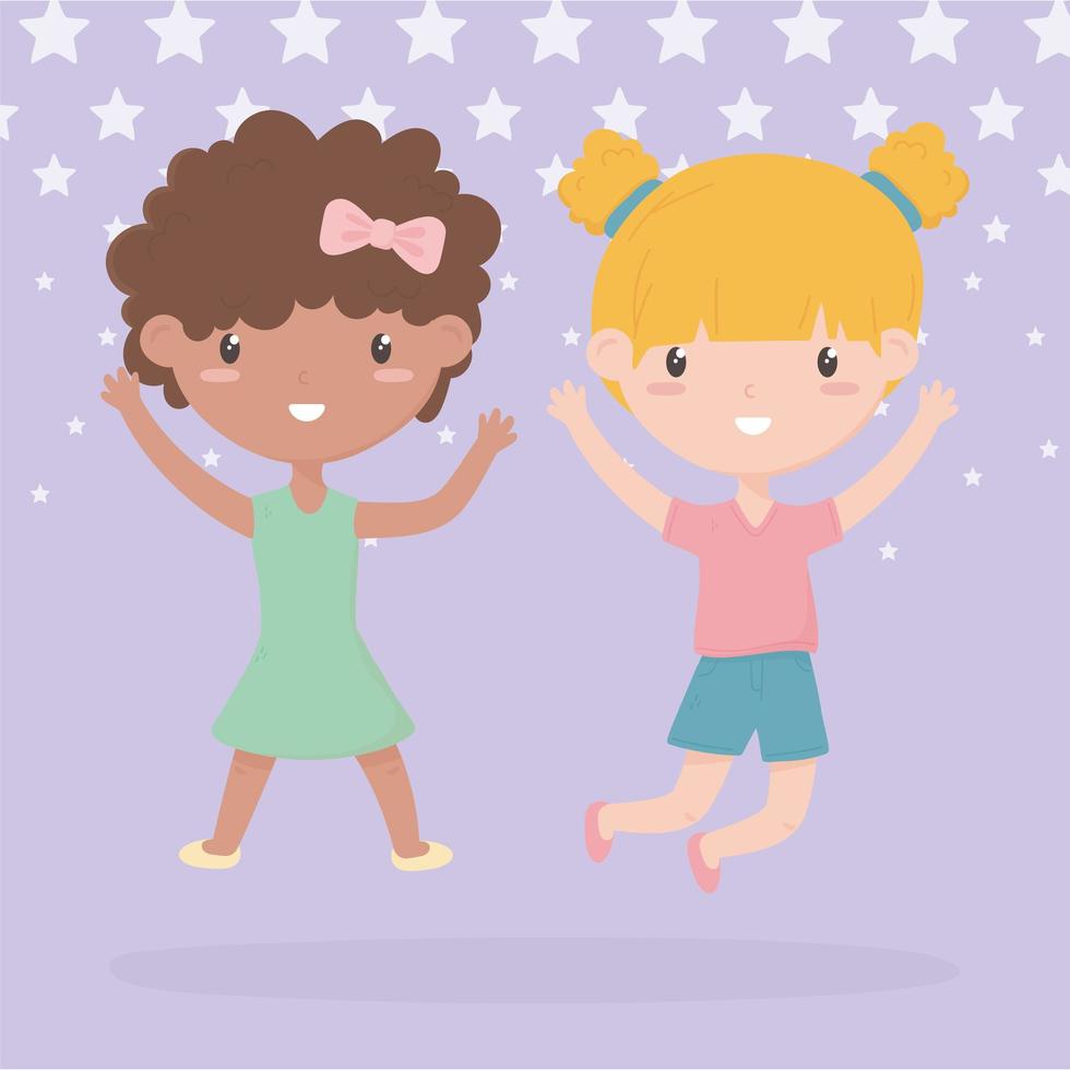 glücklicher kindertag, zwei kleine mädchen mit erhobenen händen feiern cartoon vektor