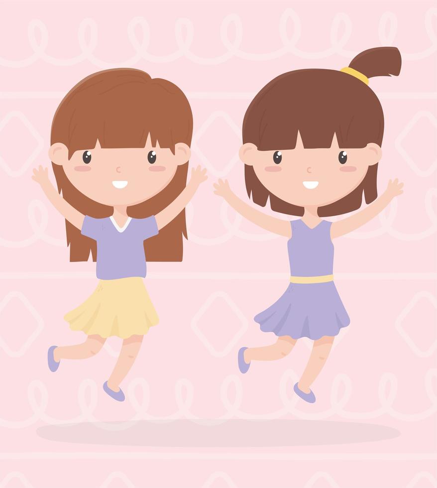 glücklicher kindertag, zwei kleine mädchen mit erhobenen händen feiern cartoon vektor