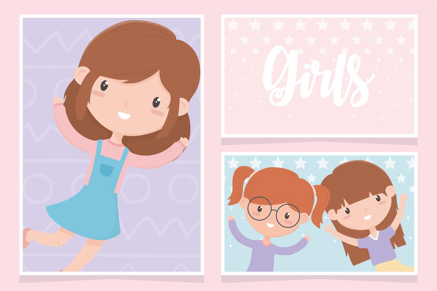 glad barns dag, söta små flickor seriefigur porträttkort vektor