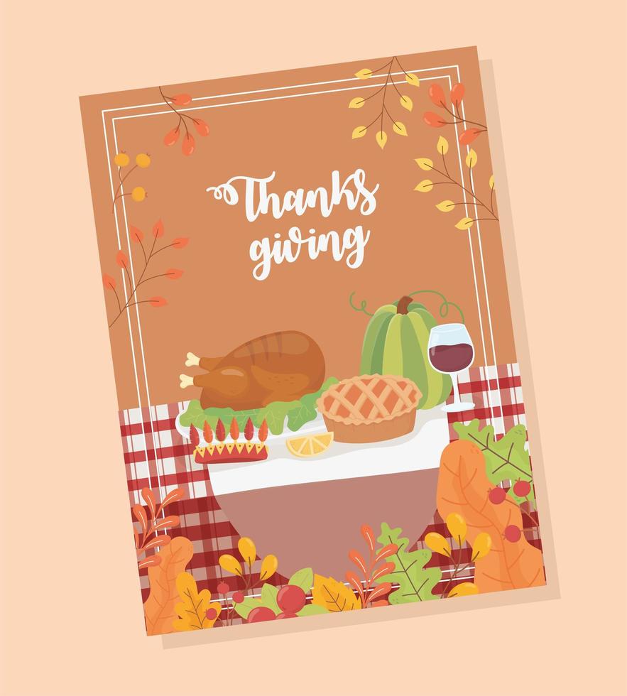 Happy Thanksgiving Poster Menü Abendessen Truthahn Wein Kuchen Kürbis vektor