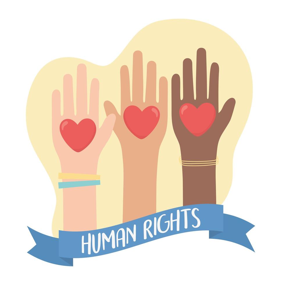 mänskliga rättigheter, upphöjda händer mångfald hjärtan banner vektor