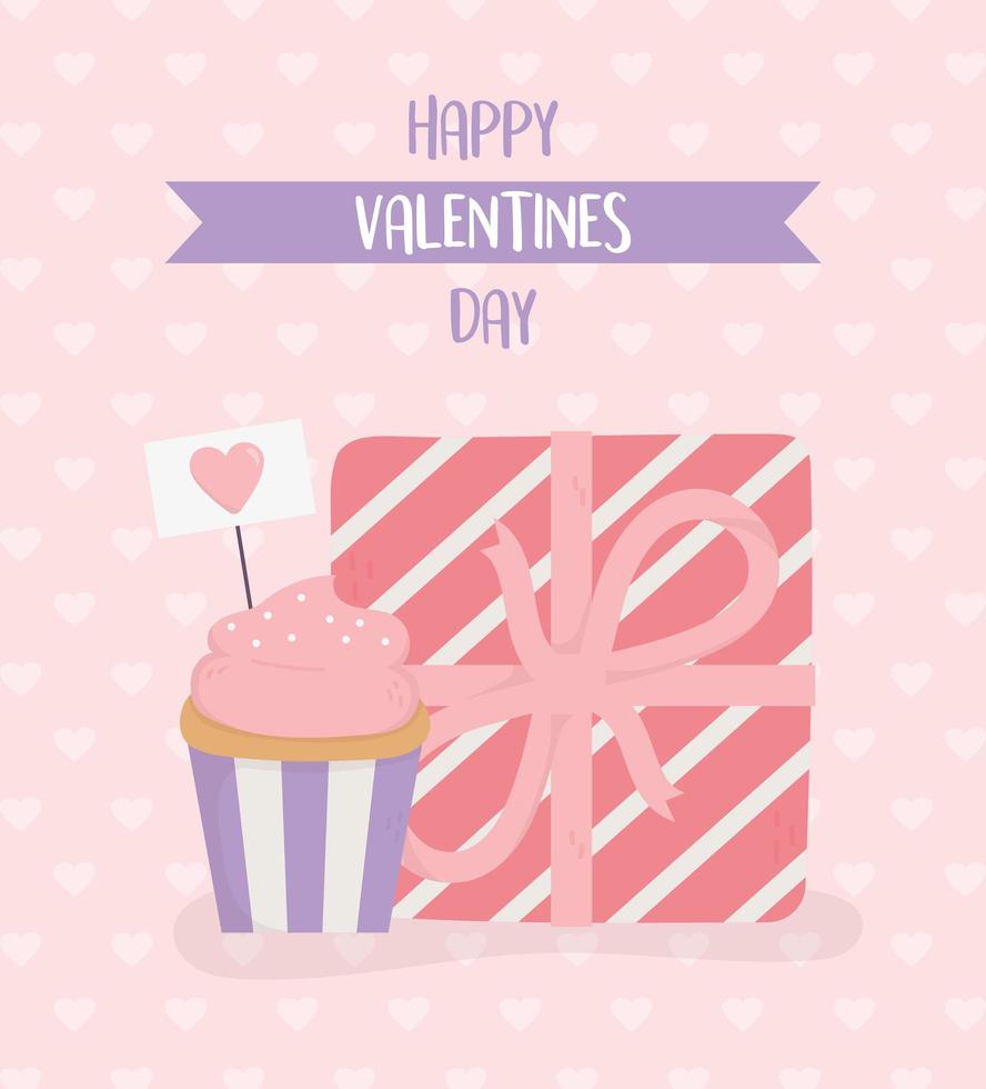 glücklicher valentinstag, verpackte geschenkbox und cupcake-herzhintergrund vektor