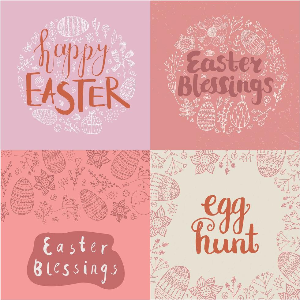 vektor uppsättning påsk fyrkantiga kort, banderoller. handritad doodle bokstäver med ägg, blommor, löv. glad påsk, påskvälsignelser