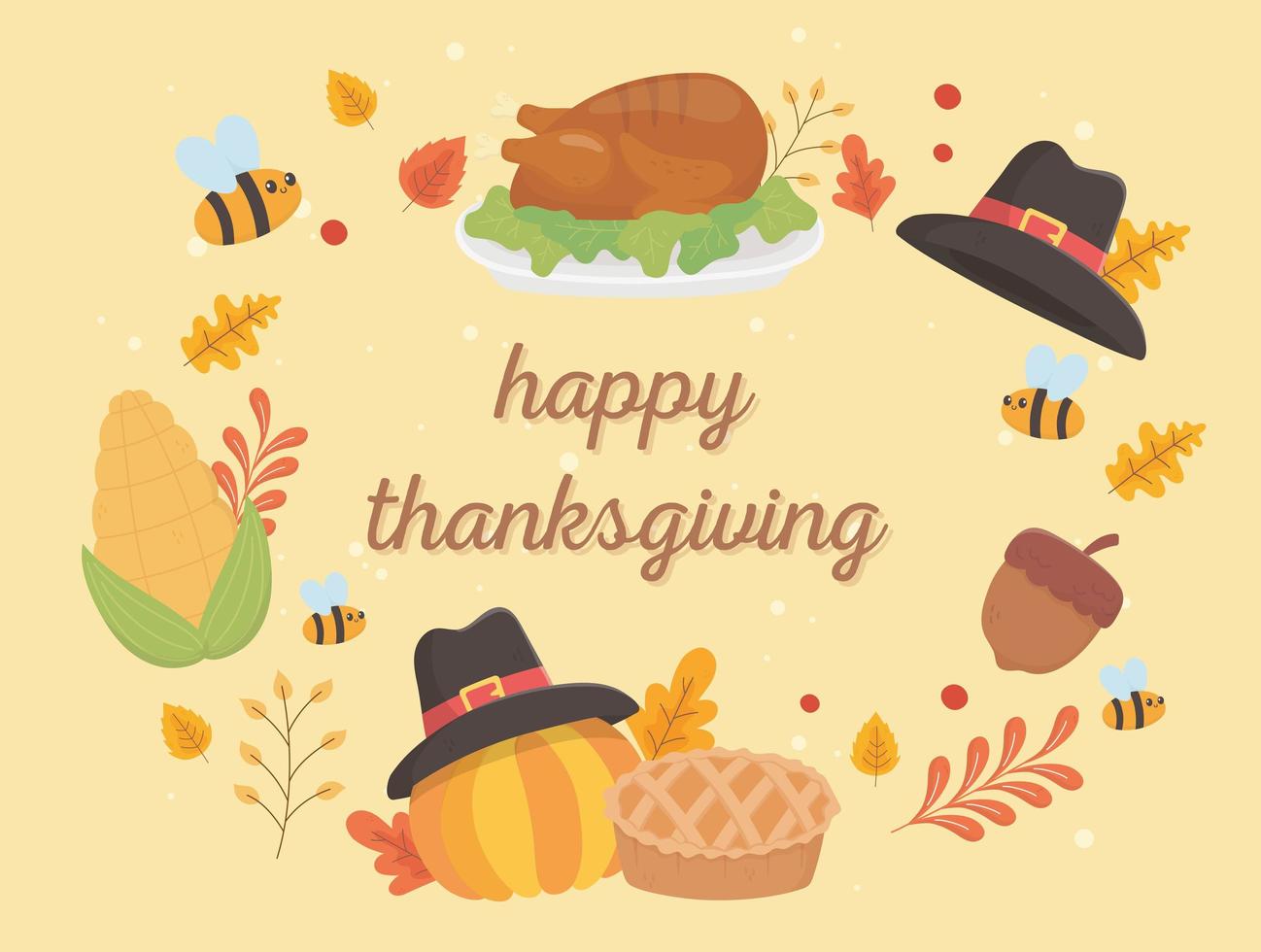 Happy Thanksgiving Feier Schriftzug Truthahnhut Kürbiskuchen Blätter vektor