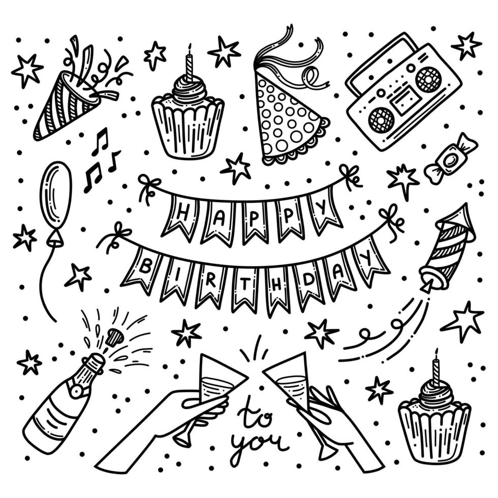 Party-Geburtstags-Doodle-Vektor-Set. alles gute zum geburtstag feier handgezeichnete clipart große sammlung. Dekorationsobjekte zum Jubiläum vektor