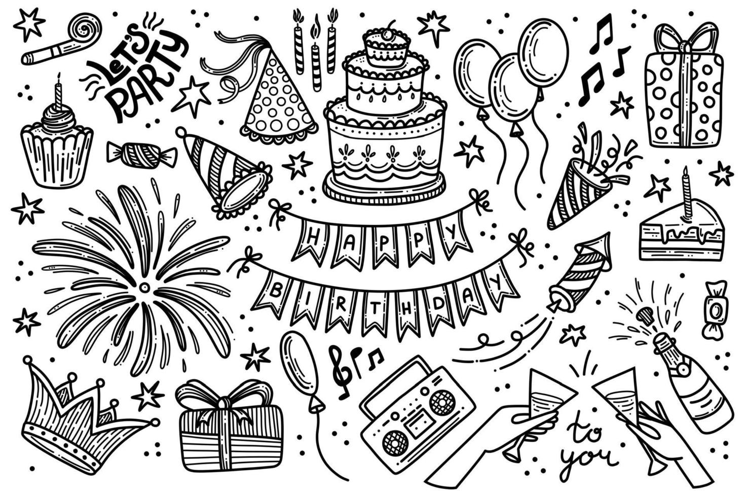 Party-Geburtstags-Doodle-Vektor-Set. alles gute zum geburtstag feier handgezeichnete clipart große sammlung. Dekorationsobjekte zum Jubiläum vektor